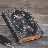 Black Triple Moon Leather Journal | 4 Stone Choices
