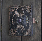 Black Triple Moon Leather Journal | 4 Stone Choices