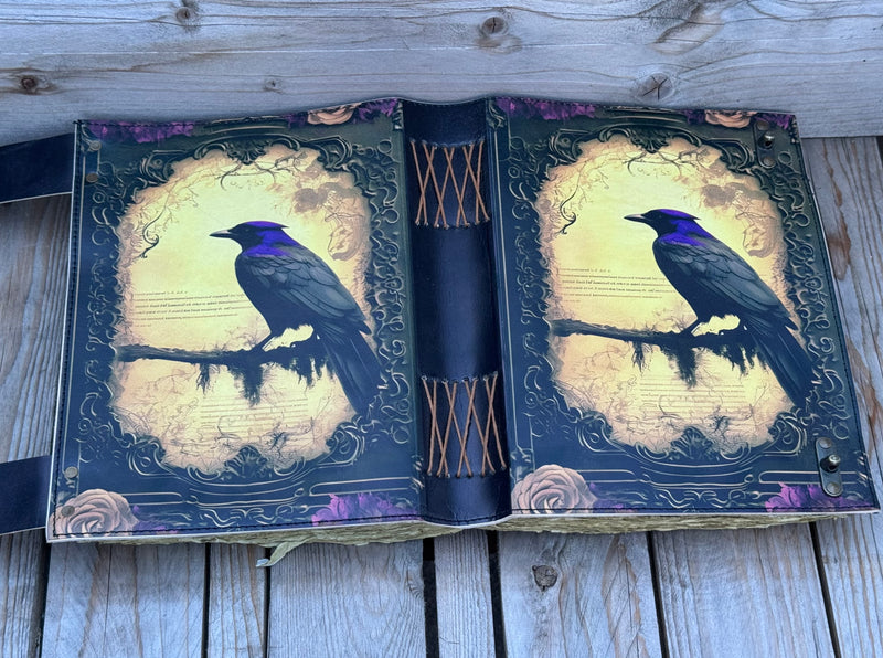 12"x8" Wiccan Crow Leather Journal | 360 Vintage Pages (New)