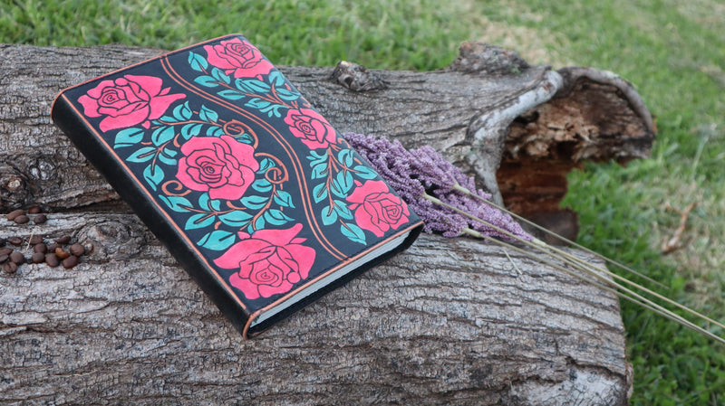 Rose and Leaves A5 Leather Journal | 4 Stone Options