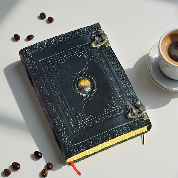 10" Black Triple Moon Goddess Leather Journal | 4 Stone Options