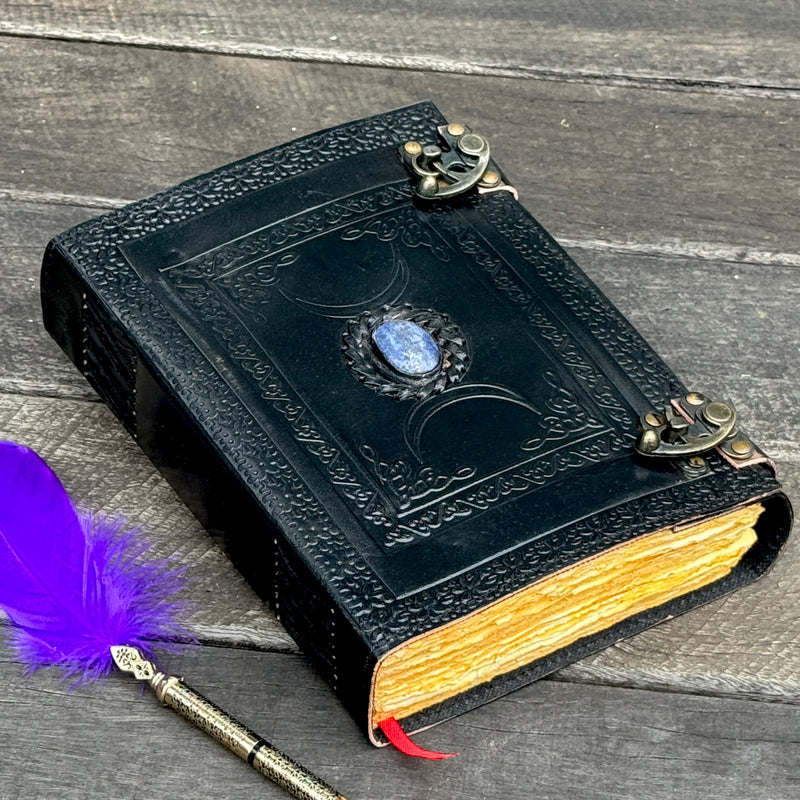 10" Black Triple Moon Goddess Leather Journal | 4 Stone Options