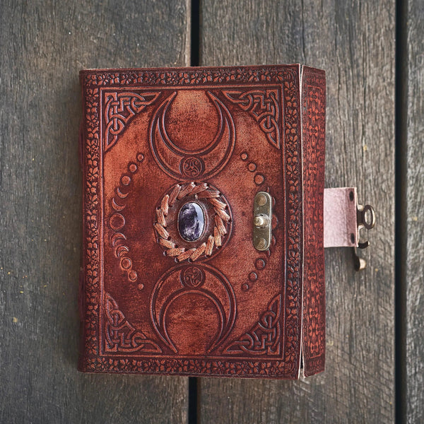Brown Triple Moon Leather Journal | 5 Stone Choices
