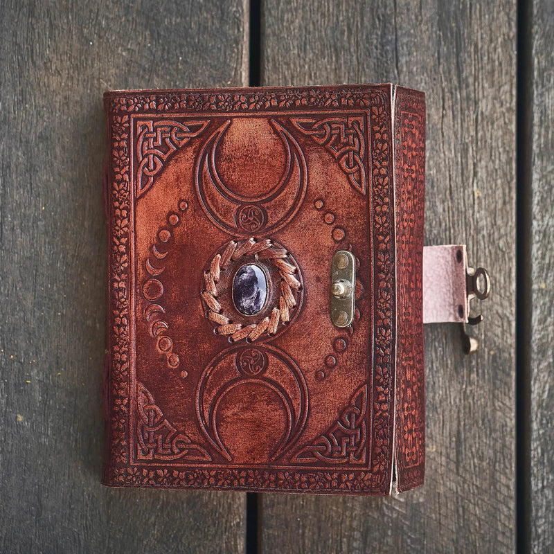 Brown Triple Moon Leather Journal | 5 Stone Choices